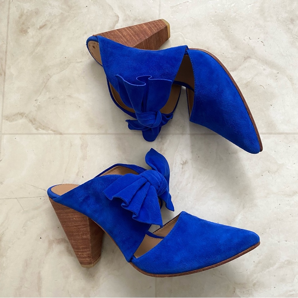 $550 Ulla Johnson Lucia Blue Suede Bow Pointed Toe Block Heels Slip On Mules 9.5